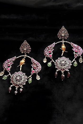 Two Tone Finish Multi-Colored Stone Temple Dangler Earrings In Sterling Silver