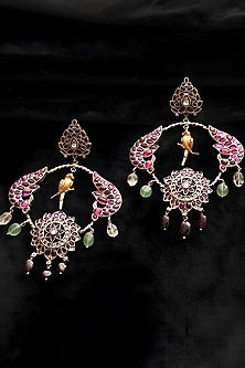 Two Tone Finish Multi-Colored Stone Temple Dangler Earrings In Sterling Silver
