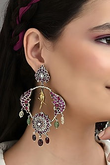 Two Tone Finish Multi-Colored Stone Temple Dangler Earrings In Sterling Silver