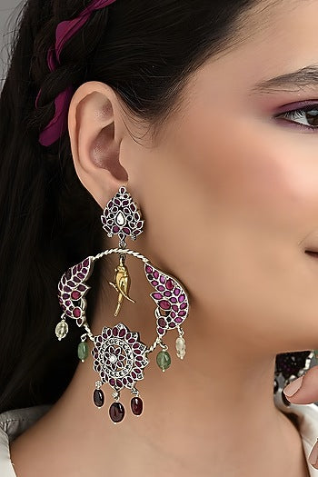 Two Tone Finish Multi-Colored Stone Temple Dangler Earrings In Sterling Silver