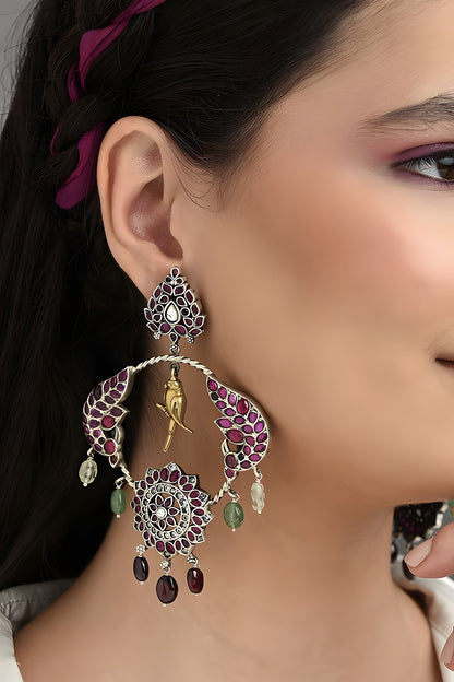 Two Tone Finish Multi-Colored Stone Temple Dangler Earrings In Sterling Silver