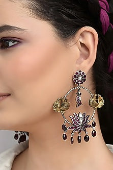 Two Tone Finish Multi-Colored Stone Temple Dangler Earrings In Sterling Silver