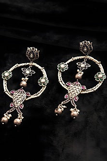 Two Tone Finish Multi-Colored Stone Temple Dangler Earrings In Sterling Silver