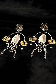 Two Tone Finish Multi-Colored Stone Temple Dangler Earrings In Sterling Silver