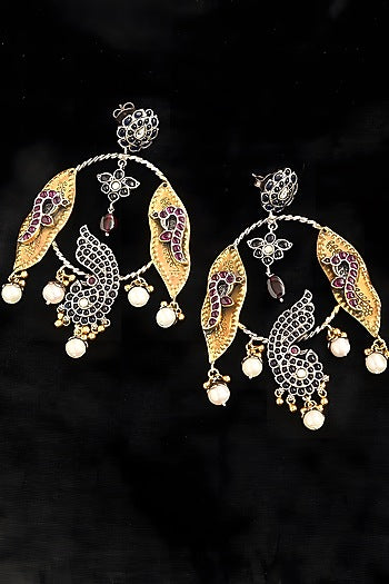 Two Tone Finish Multi-Colored Stone Temple Dangler Earrings In Sterling Silver