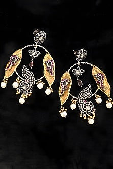 Two Tone Finish Multi-Colored Stone Temple Dangler Earrings In Sterling Silver