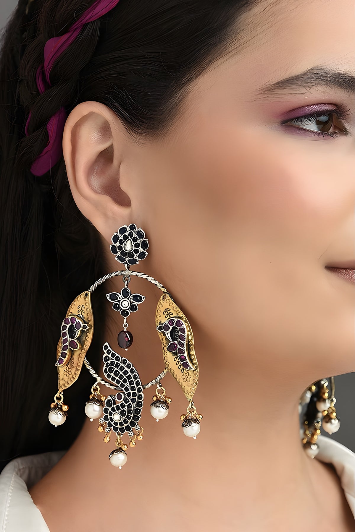 Two Tone Finish Multi-Colored Stone Temple Dangler Earrings In Sterling Silver