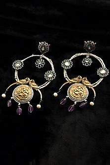 Two Tone Finish Multi-Colored Stone Temple Dangler Earrings In Sterling Silver