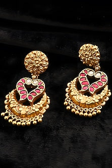 Gold Finish Red Kundan Polki Temple Dangler Earrings In Sterling Silver