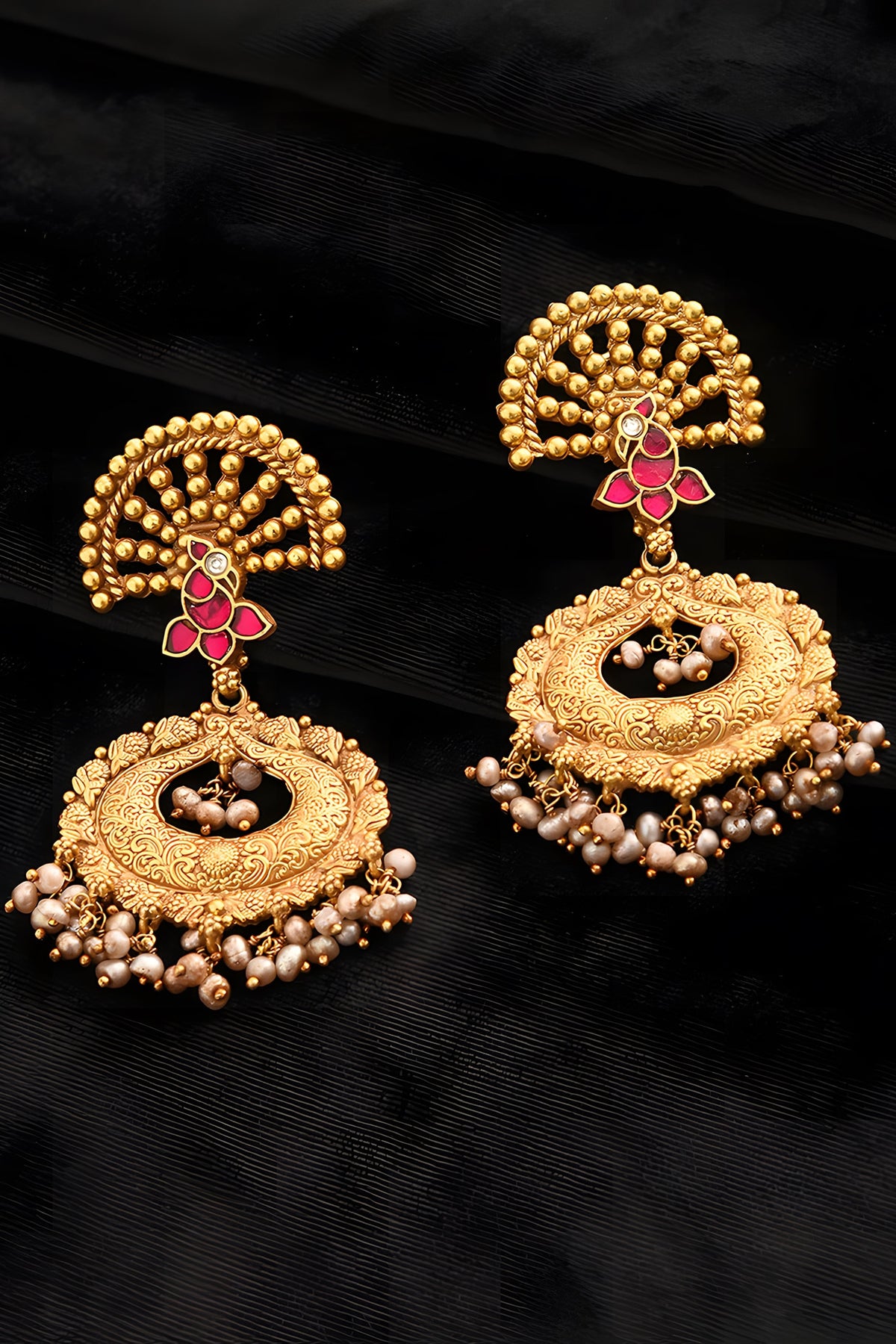 Gold Finish Red Kundan Polki Temple Dangler Earrings In Sterling Silver