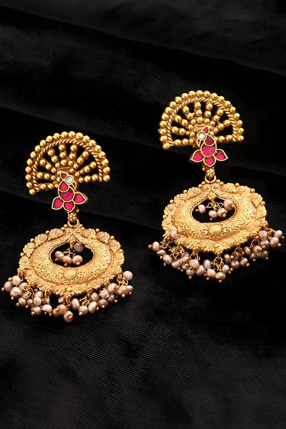 Gold Finish Red Kundan Polki Temple Dangler Earrings In Sterling Silver