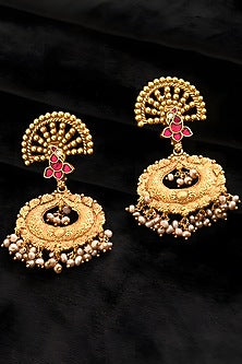 Gold Finish Red Kundan Polki Temple Dangler Earrings In Sterling Silver