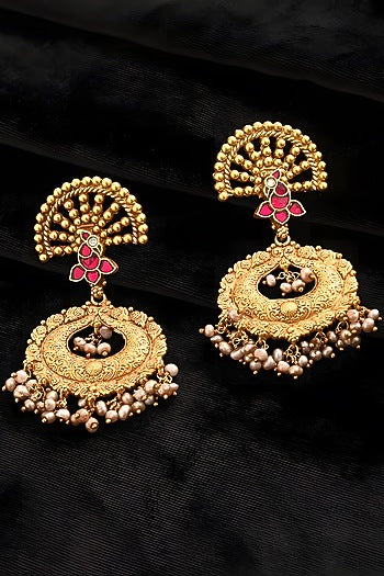Gold Finish Red Kundan Polki Temple Dangler Earrings In Sterling Silver