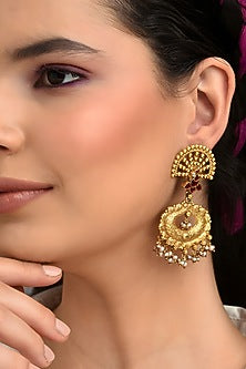 Gold Finish Red Kundan Polki Temple Dangler Earrings In Sterling Silver