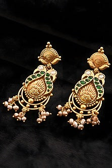 Gold Finish Green Kundan Polki Temple Dangler Earrings In Sterling Silver