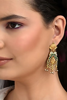 Gold Finish Green Kundan Polki Temple Dangler Earrings In Sterling Silver