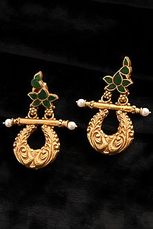 Gold Finish Green Kundan Polki Temple Dangler Earrings In Sterling Silver