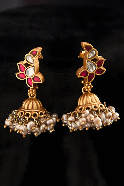 Gold Finish Red Kundan Polki Temple Dangler Earrings In Sterling Silver