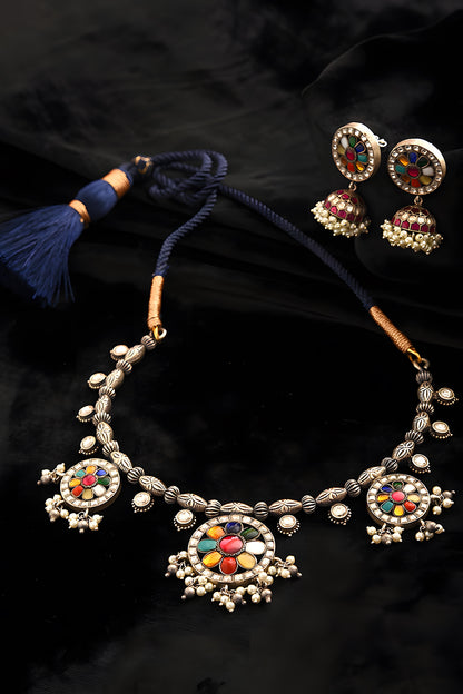 Silver Finish Multi-Colored Kundan Polki Necklace Set In Sterling Silver