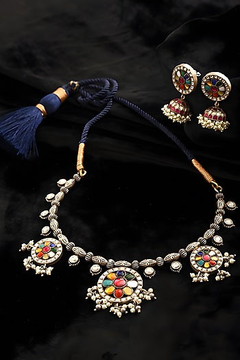 Silver Finish Multi-Colored Kundan Polki Necklace Set In Sterling Silver