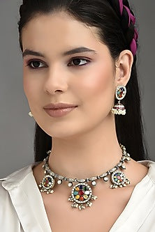 Silver Finish Multi-Colored Kundan Polki Necklace Set In Sterling Silver