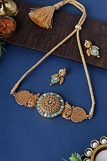 Gold Finish Turquoise Stone Temple Choker Necklace Set In Sterling Silver