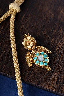 Gold Finish Turquoise Stone Temple Choker Necklace Set In Sterling Silver