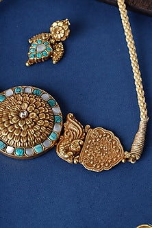 Gold Finish Turquoise Stone Temple Choker Necklace Set In Sterling Silver