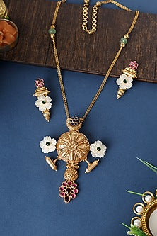 Gold Finish Kundan & Pearls Long Pendant Necklace Set In Sterling Silver