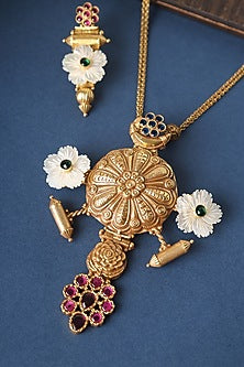 Gold Finish Kundan & Pearls Long Pendant Necklace Set In Sterling Silver