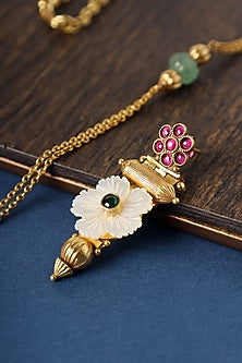 Gold Finish Kundan & Pearls Long Pendant Necklace Set In Sterling Silver