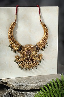 Gold Finish Peacock Motif Temple Necklace In Sterling Silver