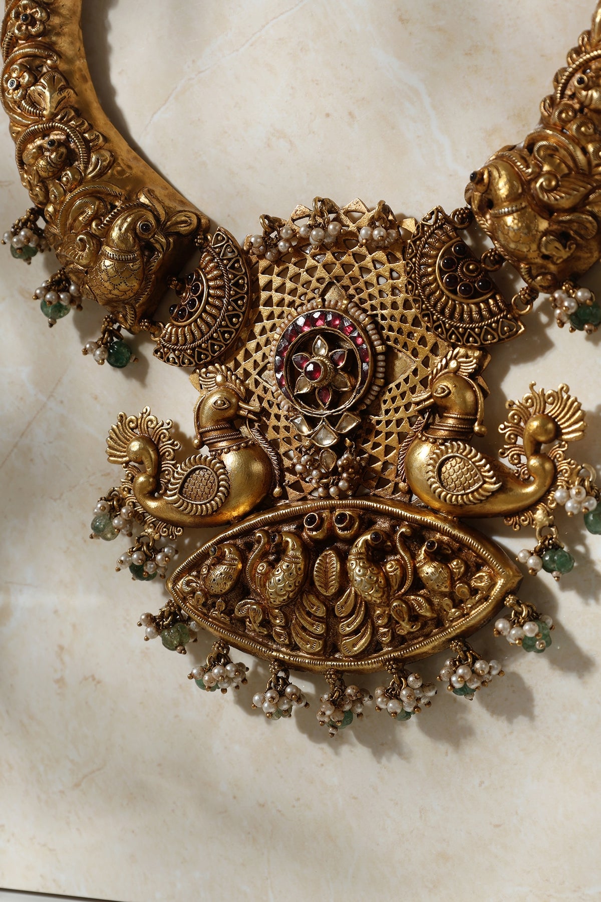 Gold Finish Peacock Motif Temple Necklace In Sterling Silver
