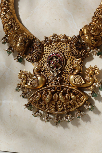 Gold Finish Peacock Motif Temple Necklace In Sterling Silver
