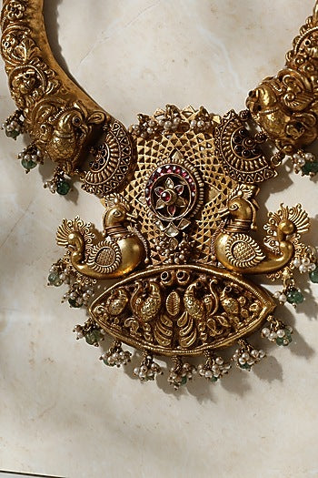Gold Finish Peacock Motif Temple Necklace In Sterling Silver