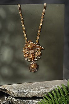 Gold Finish Peacock & Cow Motif Temple Necklace In Sterling Silver