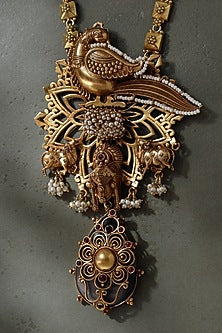 Gold Finish Peacock & Cow Motif Temple Necklace In Sterling Silver