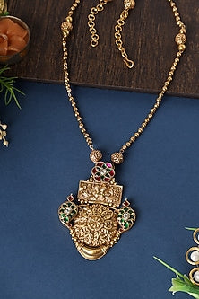 Gold Finish Kundan Temple Necklace In Sterling Silver