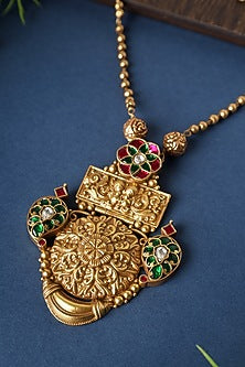 Gold Finish Kundan Temple Necklace In Sterling Silver