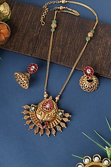 Gold Finish Kundan Tribal Pendant Necklace Set In Sterling Silver