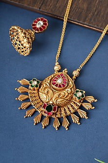 Gold Finish Kundan Tribal Pendant Necklace Set In Sterling Silver