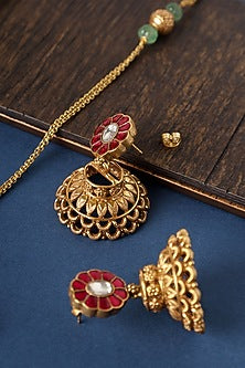 Gold Finish Kundan Tribal Pendant Necklace Set In Sterling Silver