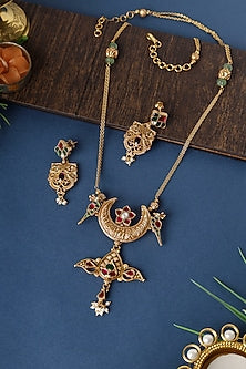 Gold Finish Bird Motif Temple Necklace Set In Sterling Silver