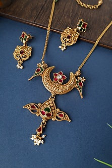 Gold Finish Bird Motif Temple Necklace Set In Sterling Silver
