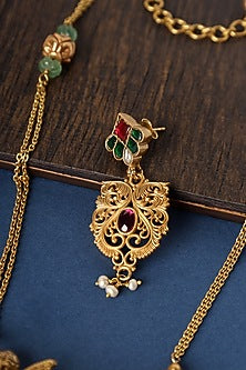 Gold Finish Bird Motif Temple Necklace Set In Sterling Silver
