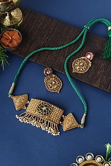 Gold Finish Kundan Polki Temple Choker Necklace Set In Sterling Silver