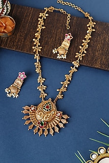 Gold Finish Kundan Polki Temple Necklace Set In Sterling Silver