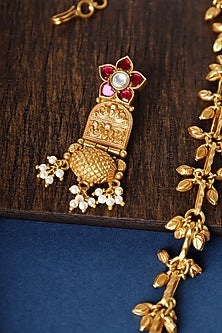 Gold Finish Kundan Polki Temple Necklace Set In Sterling Silver