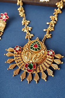 Gold Finish Kundan Polki Temple Necklace Set In Sterling Silver