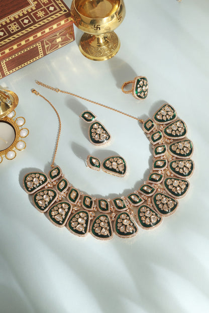 Gold Finish Green Moissanite Stone Necklace Set In Sterling Silver